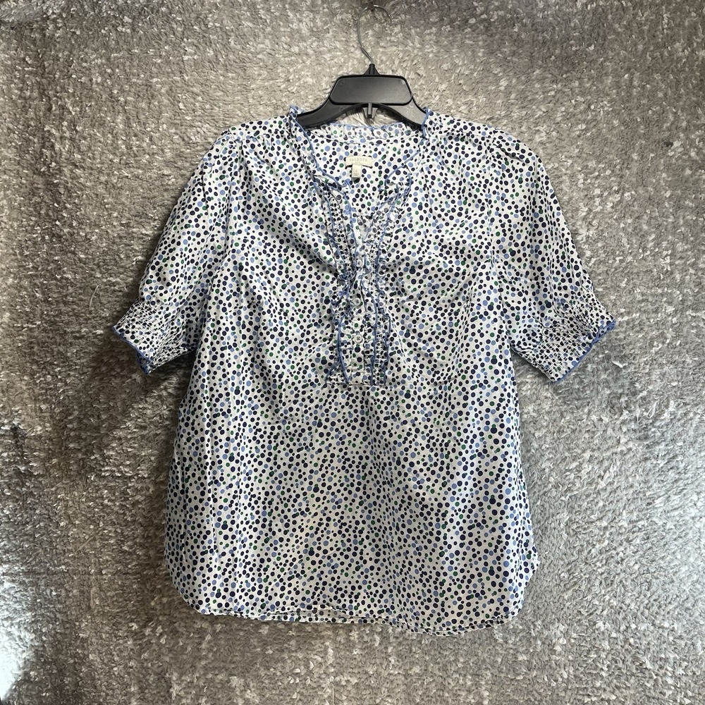 Talbots Women Short Sleeve Top Ruffle Neck Cotton Polka Dot Lightweight Coastal